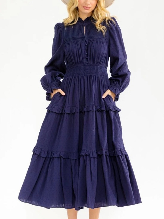 Just Me Dresses & Skirts - WOMEN’S LONG SLEEVE BUTTON UP ELASTIC WAIST FRONT POCKETS TIERED MIDI DRESS